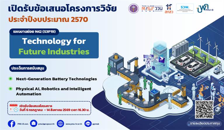 เปิดรับข้อเสนอโครงการวิจัย ประจำปีงบประมาณ 2570 แผนงานย่อย N42 (S3P19) Technology for Future Industries
