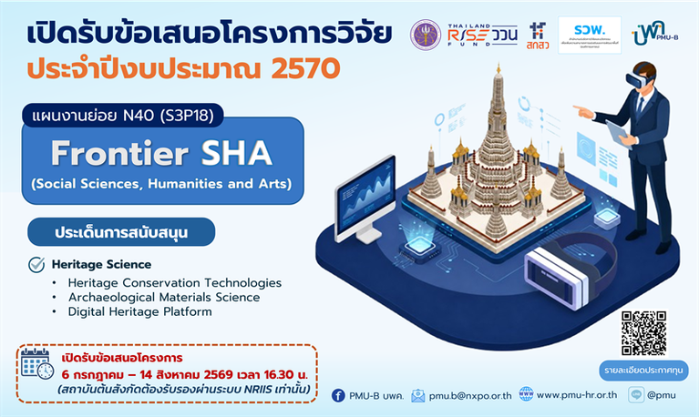 เปิดรับข้อเสนอโครงการวิจัย ประจำปีงบประมาณ 2570 แผนงานย่อย N40 (S3P18) Frontier SHA (Social Sciences, Humanities and Arts)