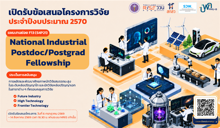 เปิดรับข้อเสนอโครงการวิจัย ประจำปีงบประมาณ 2570 แผนงานย่อย F13 (S4P21) National Industrial Postdoc/Postgrad Fellowship